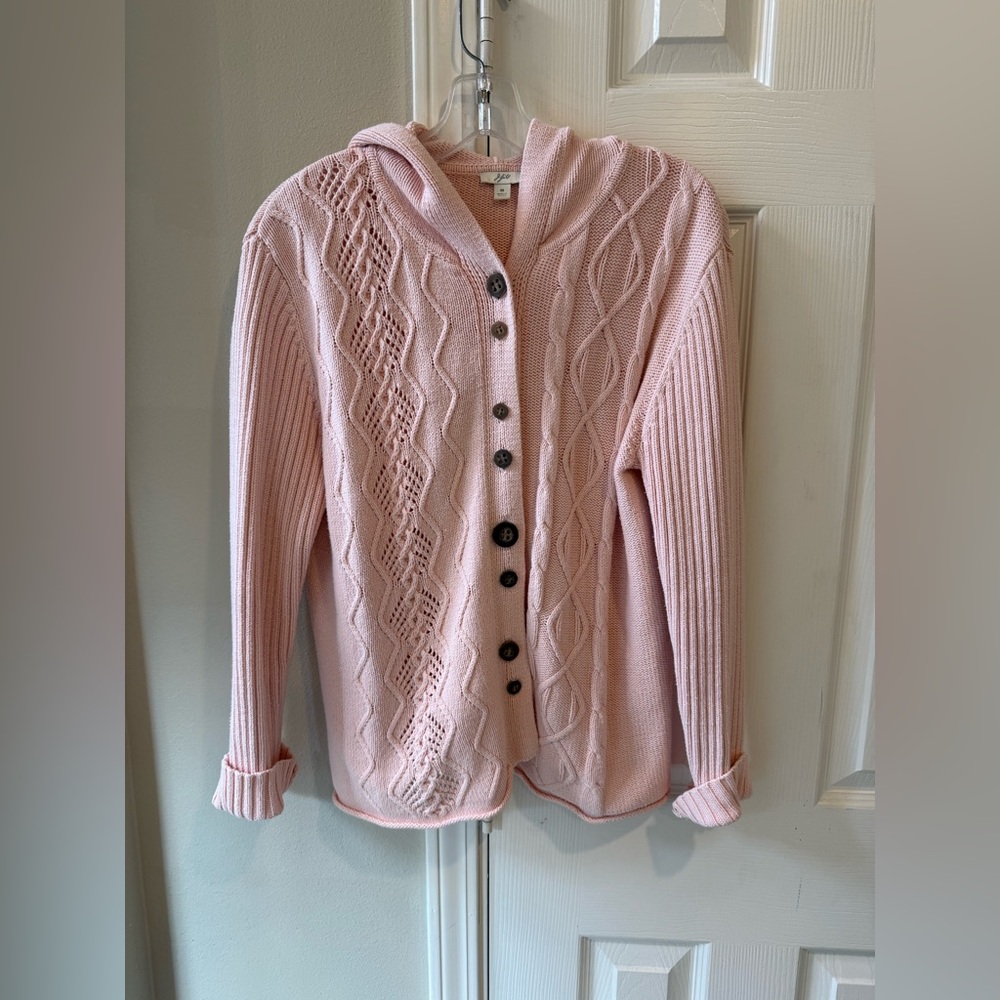 J Jill Medium Hooded Cardigan Pink Button Up knit  Sweater Soft Girl Granny